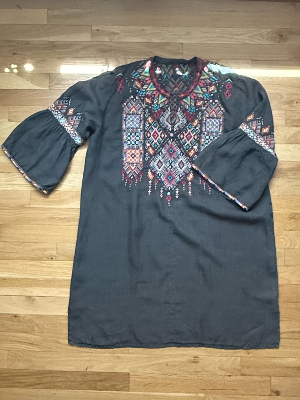 Johnny Was Slate Gray Embroidered Tunic Dress with Multicolor Accents Size XL